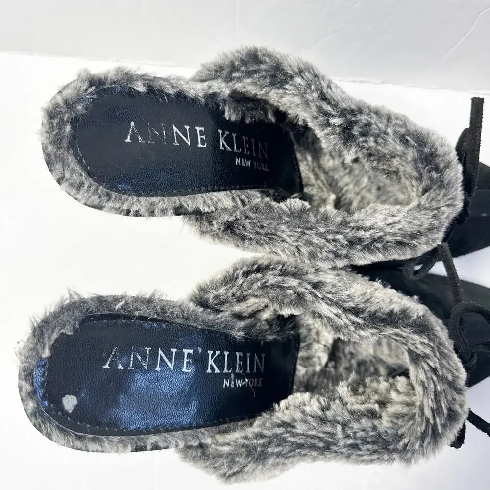 Vintage Anne Klein New York Black Suede Faux Fur Mule Heels Italy 90s Y2K 9.5